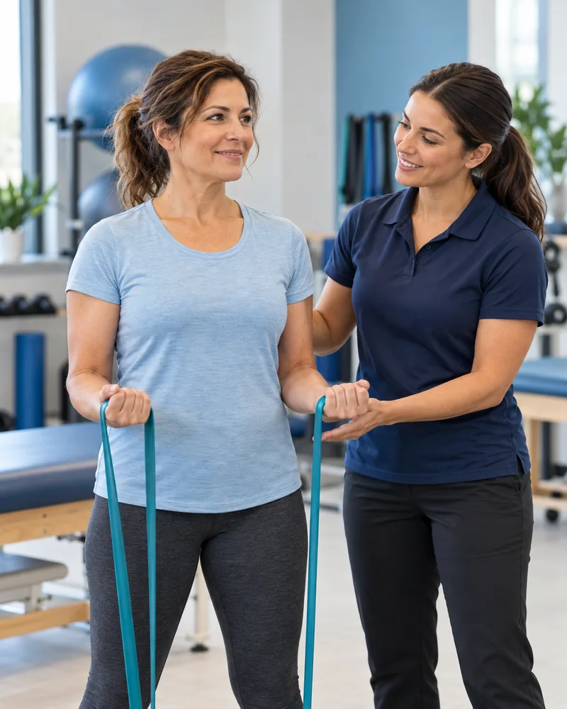 A woman receiving guidance during a resistance-band exercise.